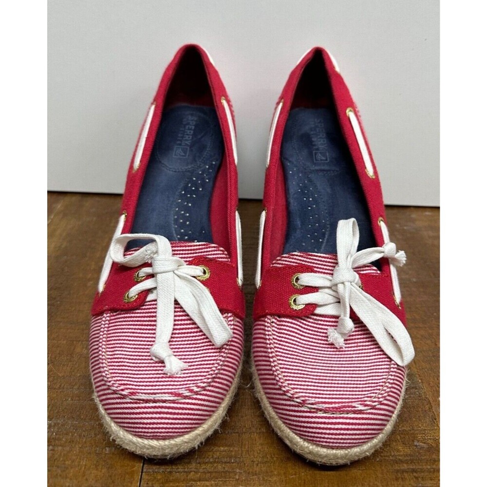 Sperry Top-Sider Clarens women size 9M white & red fabric rope wedges heel shoes